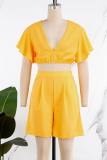 Yellow Casual Solid Patchwork Pocket Flounce V Neck Short Sleeve Two Pieces