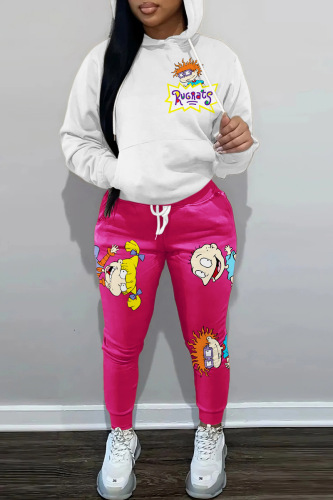 Rose Red Rugrats Cartoon Print Hoodie Jogger Set Casual Streetwear Long Sleeve Sweatshirt and Drawstring Waist Sweatpants Two Piece Outfit