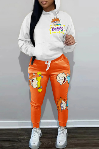 Orange Rugrats Cartoon Print Hoodie Jogger Set Casual Streetwear Long Sleeve Sweatshirt and Drawstring Waist Sweatpants Two Piece Outfit
