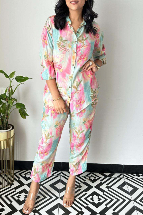 Blue Pink Casual Sweet Floral Patchwork Turndown Collar Long Sleeve Two Pieces