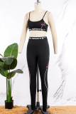 Black Sexy Sportswear Letter Patchwork Printing U Neck Sleeveless Two Pieces