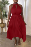 Rose Red Casual Solid Hollowed Out Asymmetrical O Neck Pleated Dresses