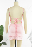 Pink Sexy Solid Backless High Opening Flounce Strap Design Spaghetti Strap Sleeveless Two Pieces