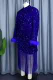 Blue Party Formal Patchwork Tassel Sequins Half A Turtleneck Long Sleeve Dresses