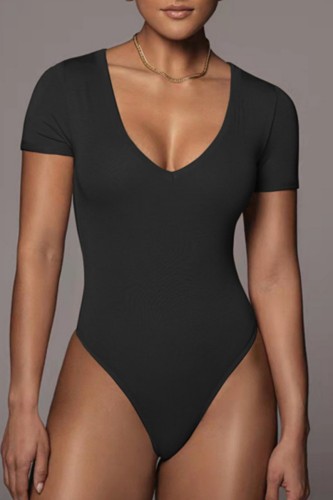 Black Casual Solid Basic V Neck Skinny Romper