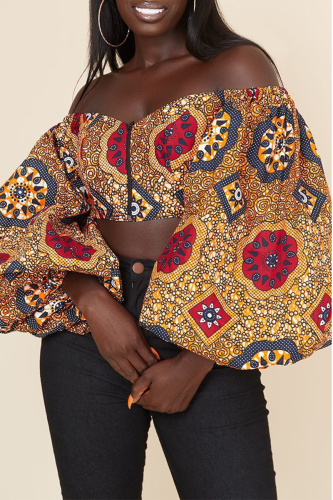 Yellow Sweet Print Patchwork Zipper Off the Shoulder Tops