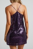 Purple Sexy Solid Sequins Patchwork Backless V Neck Sling Dress Dresses