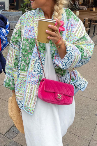 Green Casual Floral Pocket Turndown Collar Outerwear