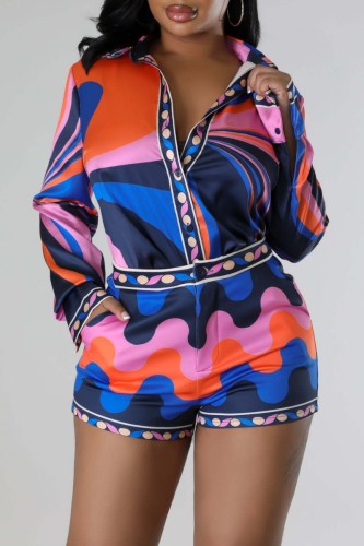 Colour Casual Print Patchwork Turndown Collar Long Sleeve Two Pieces