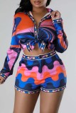 Colour Casual Print Patchwork Turndown Collar Long Sleeve Two Pieces