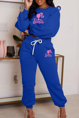 Blue Casual Letter Print Basic O Neck Long Sleeve Two Pieces