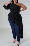Blue Casual Solid Backless Oblique Collar Plus Size Tops