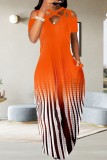 Orange Casual Print Hollowed Out V Neck Long Dress Dresses