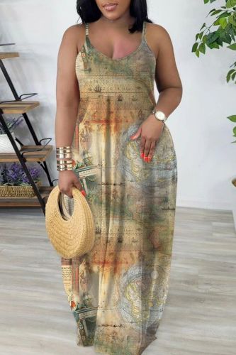 Khaki Sexy Casual Print Backless Spaghetti Strap Long Dress Dresses