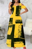 Yellow Casual Print Hollowed Out Square Collar Long Dress Dresses