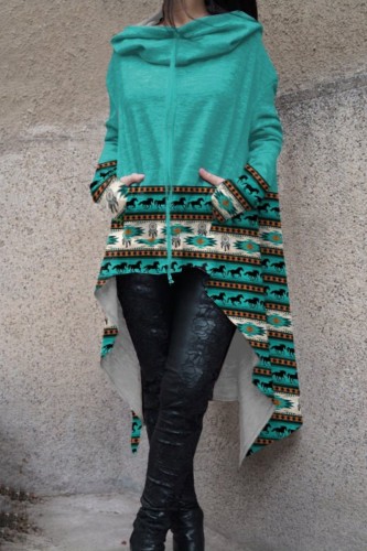 Halloween Costume Cyan Skull Pumpkin Print Long Sleeve Asymmetrical Hem Hooded Sweatershit