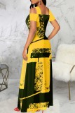 Yellow Casual Print Hollowed Out Square Collar Long Dress Dresses
