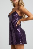 Purple Sexy Solid Sequins Patchwork Backless V Neck Sling Dress Dresses