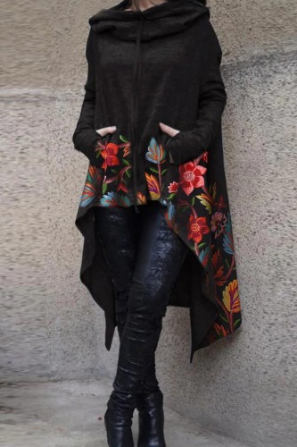 Halloween Costume Black Skull Pumpkin Print Long Sleeve Asymmetrical Hem Hooded Sweatershit