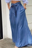 Baby Blue Casual Solid Frenulum With Belt High Waist Regular Denim Jeans