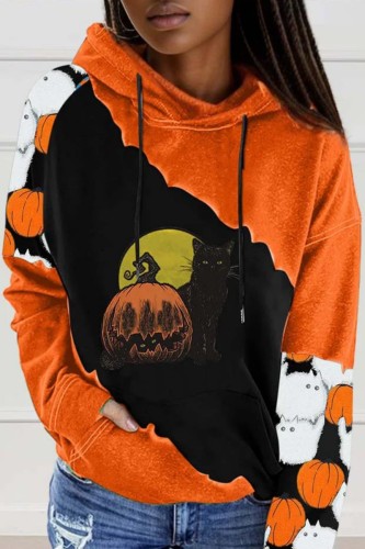 Orange Black Halloween Pumpkin Cat Print Long Sleeve Crewneck Women Hooded Sweatshit