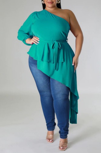 Green Casual Solid Backless Oblique Collar Plus Size Tops