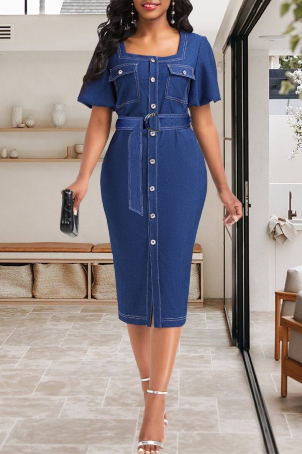 Blue Casual Solid Patchwork Square Collar Short Sleeve Regular Denim Dresses