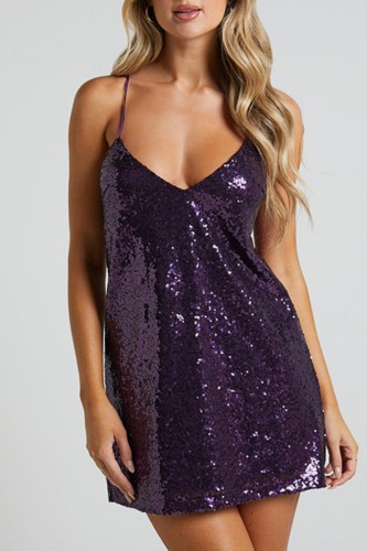 Purple Sexy Solid Sequins Patchwork Backless V Neck Sling Dress Dresses