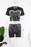 Black And White Street Print Patchwork Chains Cross Straps Mesh V Neck Short Sleeve Two Pieces