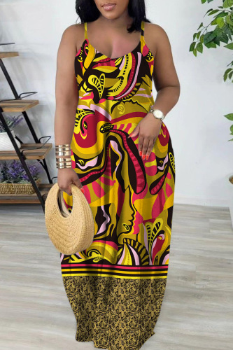 Earth Yellow Sexy Casual Print Backless Spaghetti Strap Long Dress Dresses