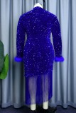 Blue Party Formal Patchwork Tassel Sequins Half A Turtleneck Long Sleeve Dresses