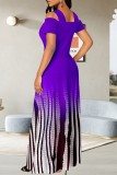 Purple Casual Print Hollowed Out V Neck Long Dress Dresses