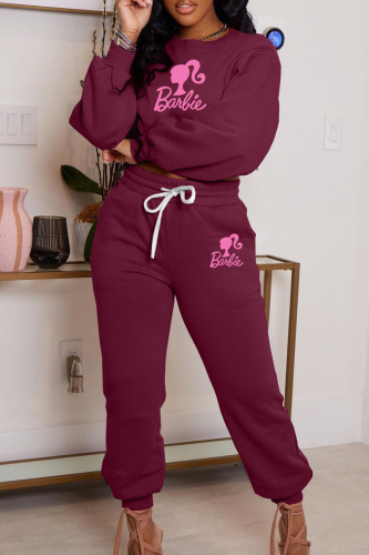 Burgundy Casual Letter Print Basic O Neck Long Sleeve Two Pieces