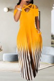Yellow Casual Print Hollowed Out V Neck Long Dress Dresses