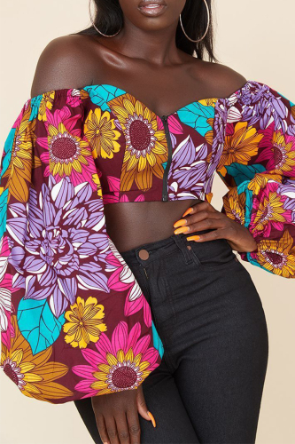 Red Sweet Print Patchwork Zipper Off the Shoulder Tops