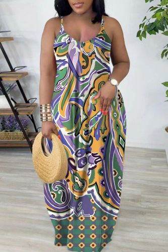 Green Sexy Casual Print Backless Spaghetti Strap Long Dress Dresses