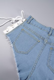 Blue Sexy Solid Ripped Pocket Buttons Cross Straps Zipper Regular Low Waist Solid Color Bottoms