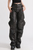 Dark Gray Casual Solid Patchwork Regular High Waist Conventional Solid Color Trousers