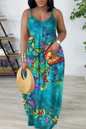 Navy Sexy Casual Print Backless Spaghetti Strap Long Dress Dresses