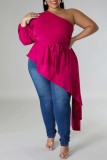 Rose Red Casual Solid Backless Oblique Collar Plus Size Tops