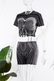 Black And White Street Print Patchwork Chains Cross Straps Mesh V Neck Short Sleeve Two Pieces