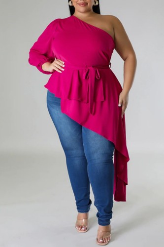 Rose Red Casual Solid Backless Oblique Collar Plus Size Tops