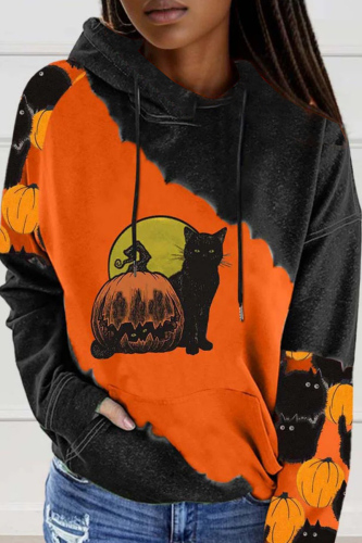 Dark Gray Halloween Pumpkin Cat Print Long Sleeve Crewneck Women Hooded Sweatshit