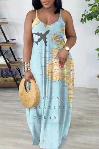Light Blue Sexy Casual Print Backless Spaghetti Strap Long Dress Dresses
