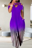 Purple Casual Print Hollowed Out V Neck Long Dress Dresses