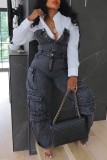 Black Gray Sexy Casual Solid Patchwork Backless Strapless Sleeveless Skinny Denim Jumpsuits