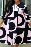 Black Pink Plus Size Sweet Geometric Patchwork O Neck Princess Dresses