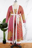 Tangerine Red Plus Size Casual Street Gradual Change Striped Patchwork With Belt Printing Spaghetti Strap Plus Size Two Pieces