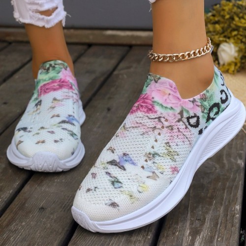 White Casual Patchwork Printing Round Mesh Breathable Comfortable Out Door Shoes