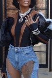 Black Casual Patchwork Contrast Zipper Collar Outerwear